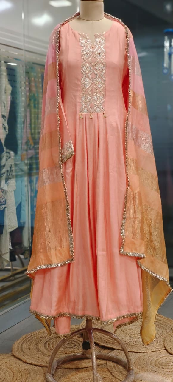 Block Emroidered Minimal Work Panel Anarkali Full Suit Set With Shimmer Touch Dupatta