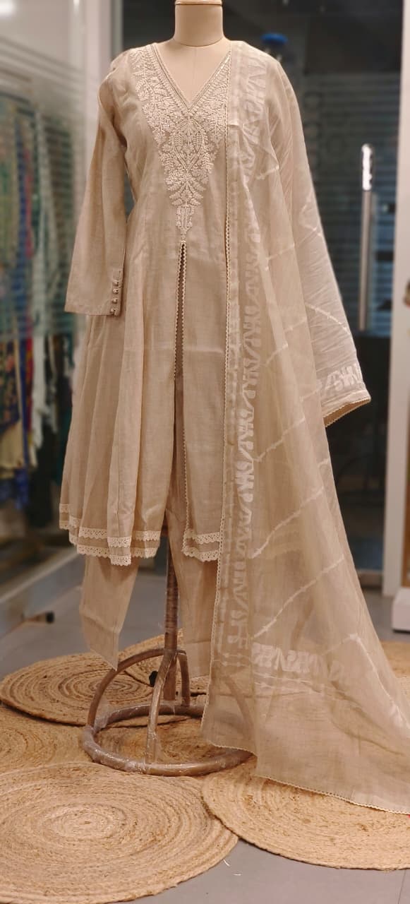 Classic Nude Very Decent Look Front Slitted Aline Anarkali Full Suit Set With Dupatta
