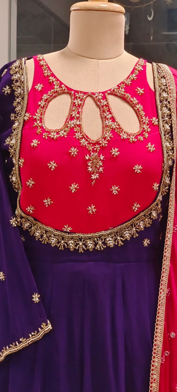 Unique Neck Design Heavy Handwork Vibrant Anarkali Full Suit Set With Dupatta