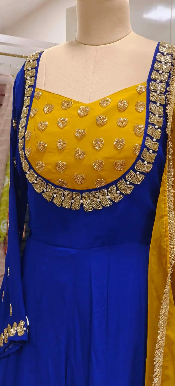 Royal Combination Blue Yellow Zardosi Handwork Anarkali Full Suit Set With Dupatta