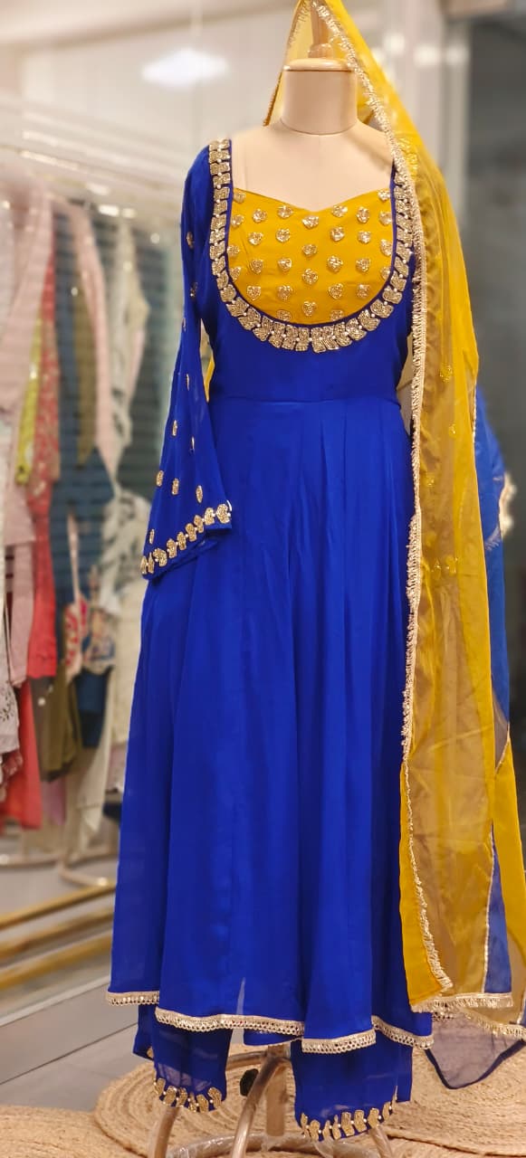 Royal Combination Blue Yellow Zardosi Handwork Anarkali Full Suit Set With Dupatta