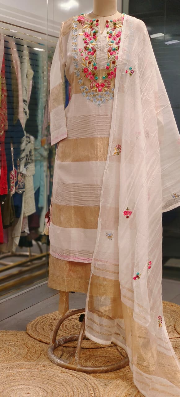 Popped Thread Embroidery Over Real Mirror Yoke Striped Banarasi Touch Straight Full Suit Set With Dupatta
