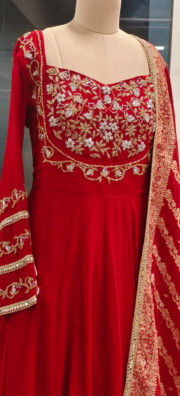 Heavily Shimmery Zari Beads Embroidered Panel Anarkali Full Suit Set With Dupatta In Georgette Fabric-011170