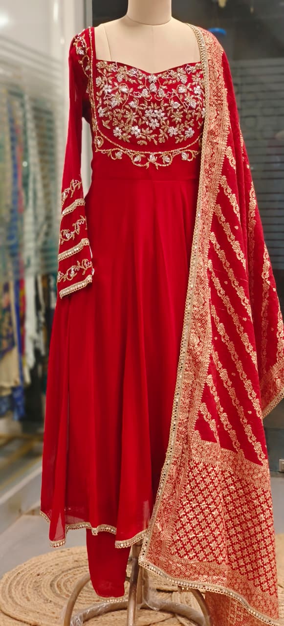 Heavily Shimmery Zari Beads Embroidered Panel Anarkali Full Suit Set With Dupatta In Georgette Fabric-011170