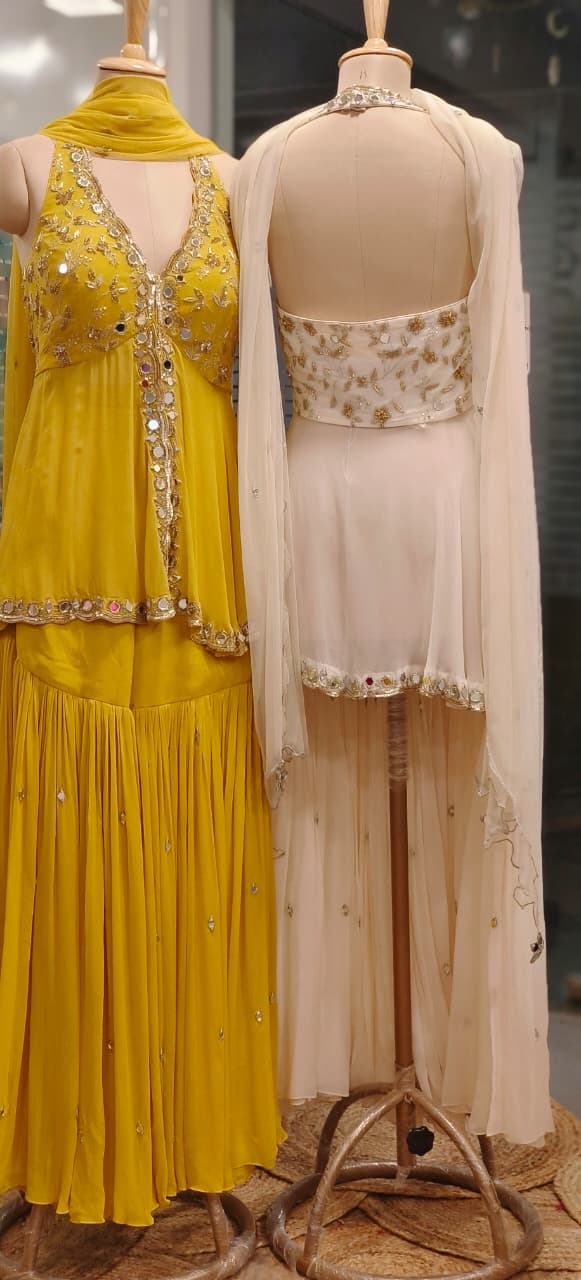 Graceful Real Mirror Sleeveless Front Slitted Short Kurta With Sharara Bottom & Dupatta In Georgette Fabric (Dispatching After 30 Days On Orders)