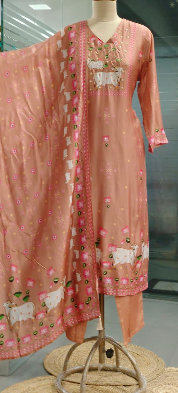 Gauvastra Handcrafted Full Suit Set With Dupatta In Russian Silk Fabric- 11202
