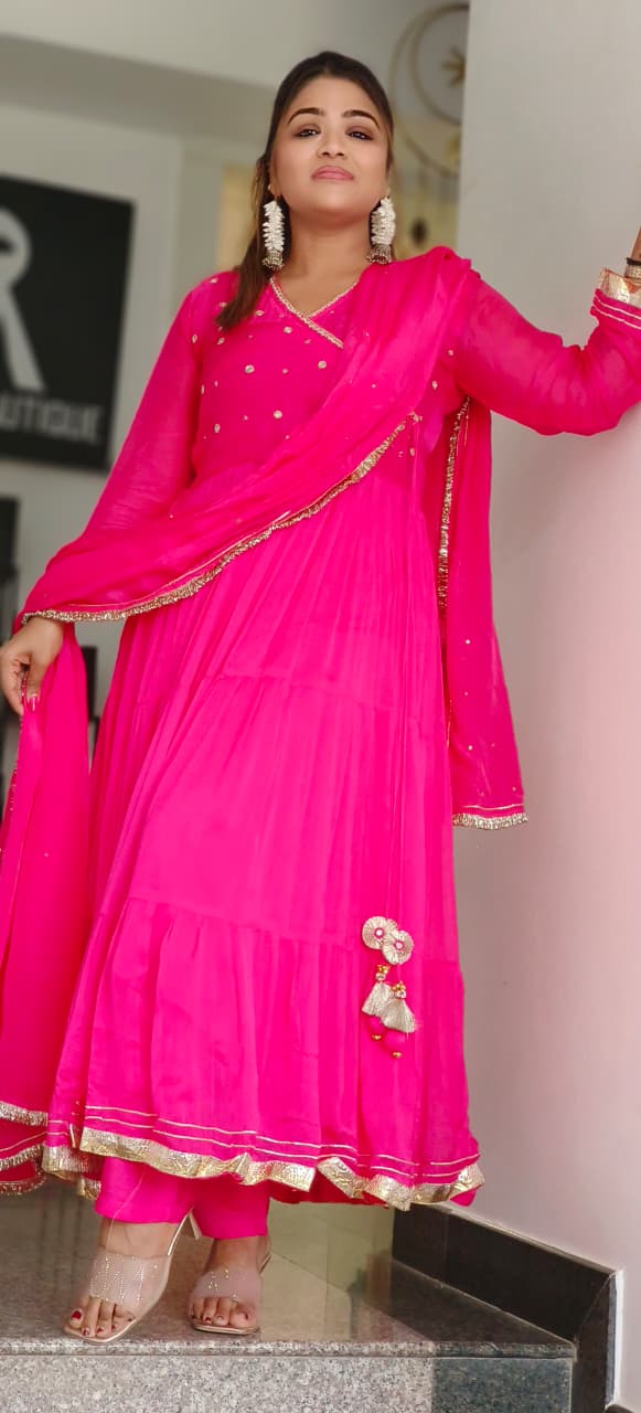 Gotta Minimal Work Angrakha Pattern Flared Anarkali Full Suit Set With Dupatta- 11224