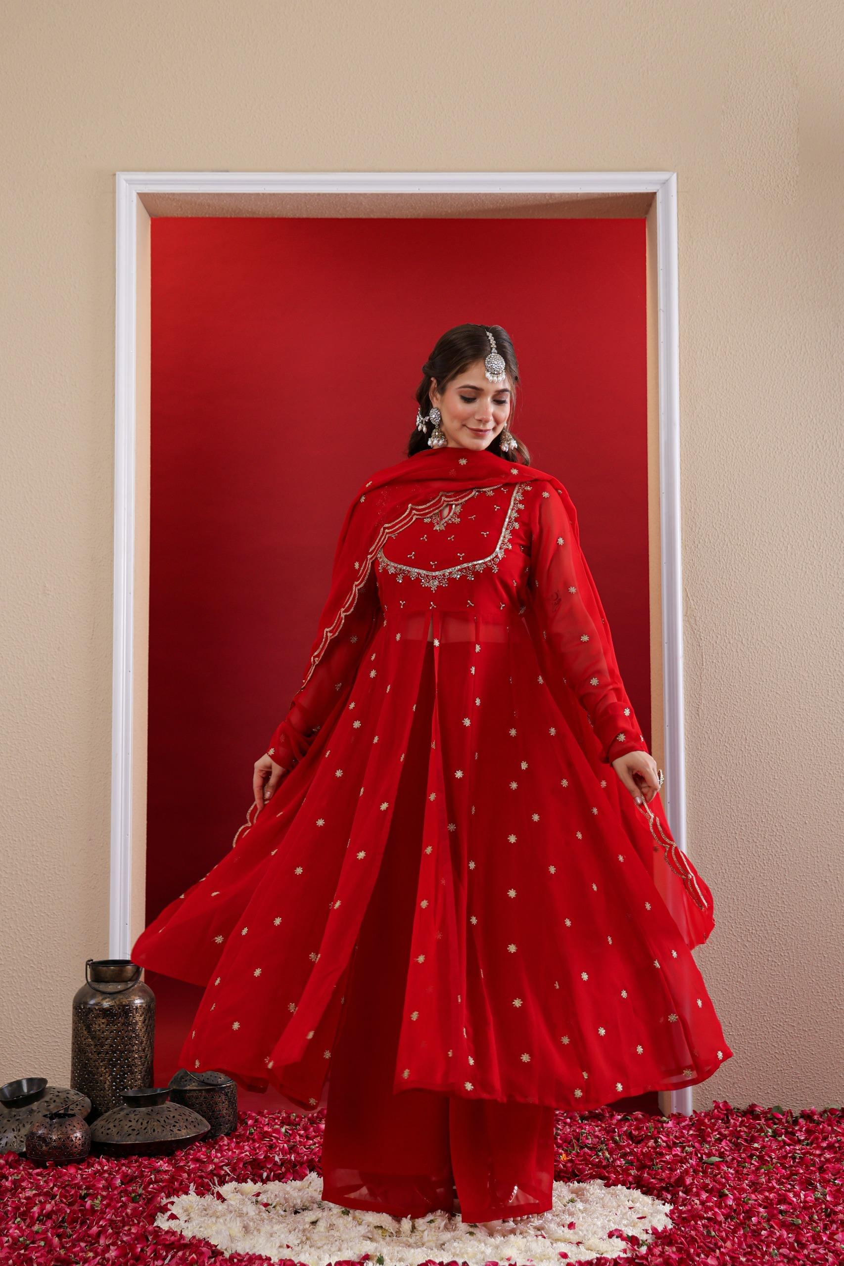 Royal Zardosi U-Yoke Front Slitted Anarkali Full Suit Set With Dupatta & Loose Palazzo Bottom In Georgette Fabric (Dispatching From Monday)