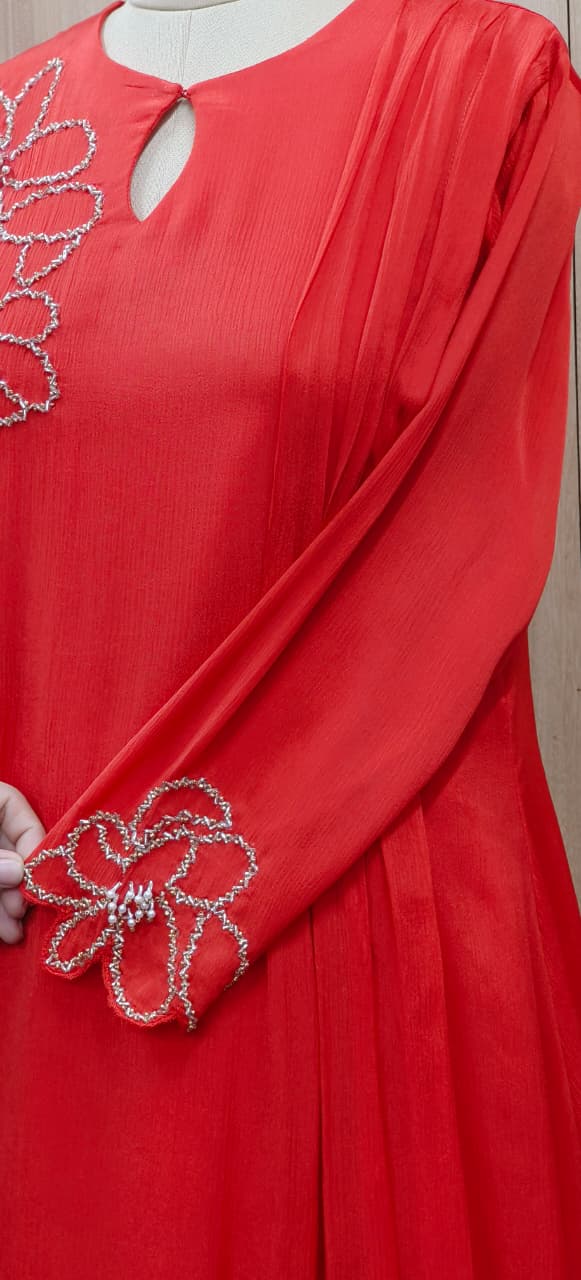 Very Elegant Minimal Work Solid A-Line Kurta Pant Set In Chinon Fabric- 11227