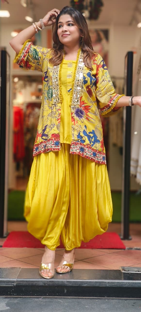 Real Mirror Elegance Kurta With Harem Pant & Floral Printed Jacket In Muslin Fabric- 11040