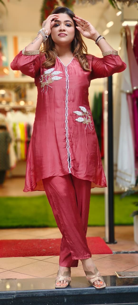 Organza Satin Minimal Handwork Solid Co-Ord Set- 11182,11181 (Lean Fit)