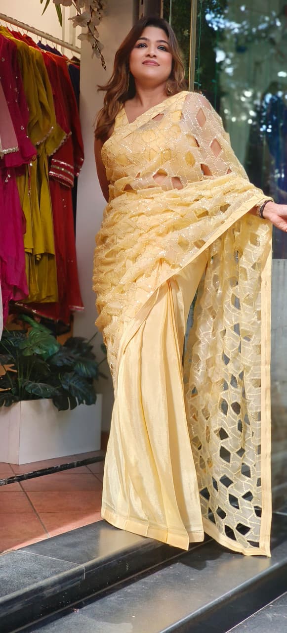 Golden Glow Sequin Geometric Cut Work Ready To Wear Designer Saree With Blouse