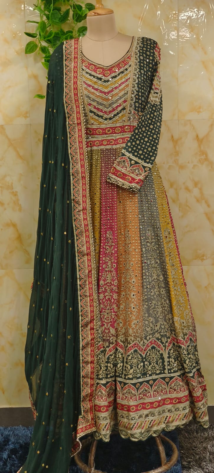 Multi Color Blend Real Mirror Elegance Flared Panel Anarkali Suit With Dupatta In Crepe Fabric(Cane-Cane Inside)