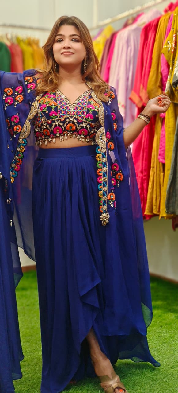 Royal Blue Crepe Skirt Set with Hand-Embroidered Multicolor Mirror Work Bustier & Flowing Embroidered Jacket