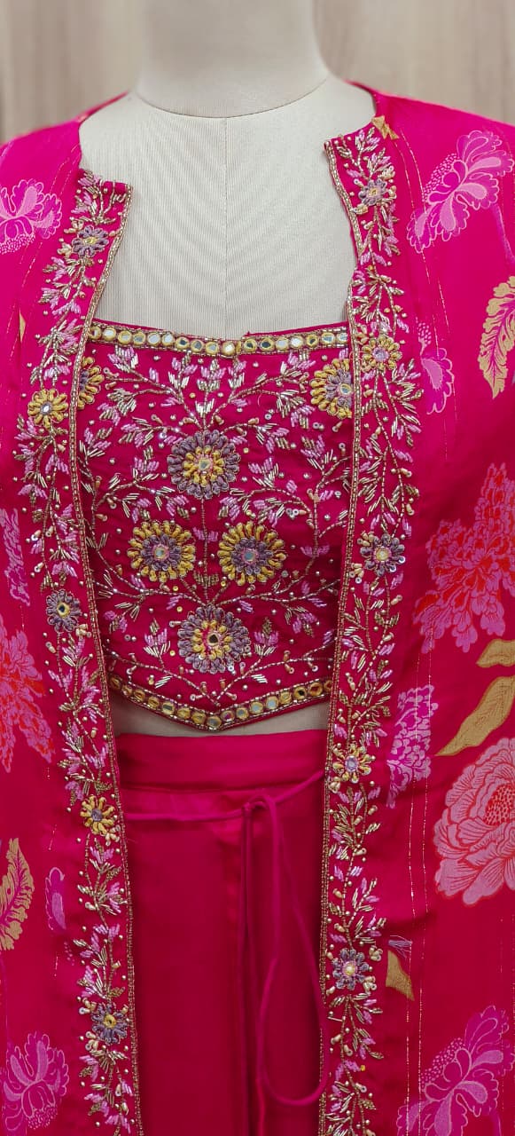 Beautiful Handwork Buster With Loose Palazzo Bottom & Floral Cape In Chinon Lurix Fabric