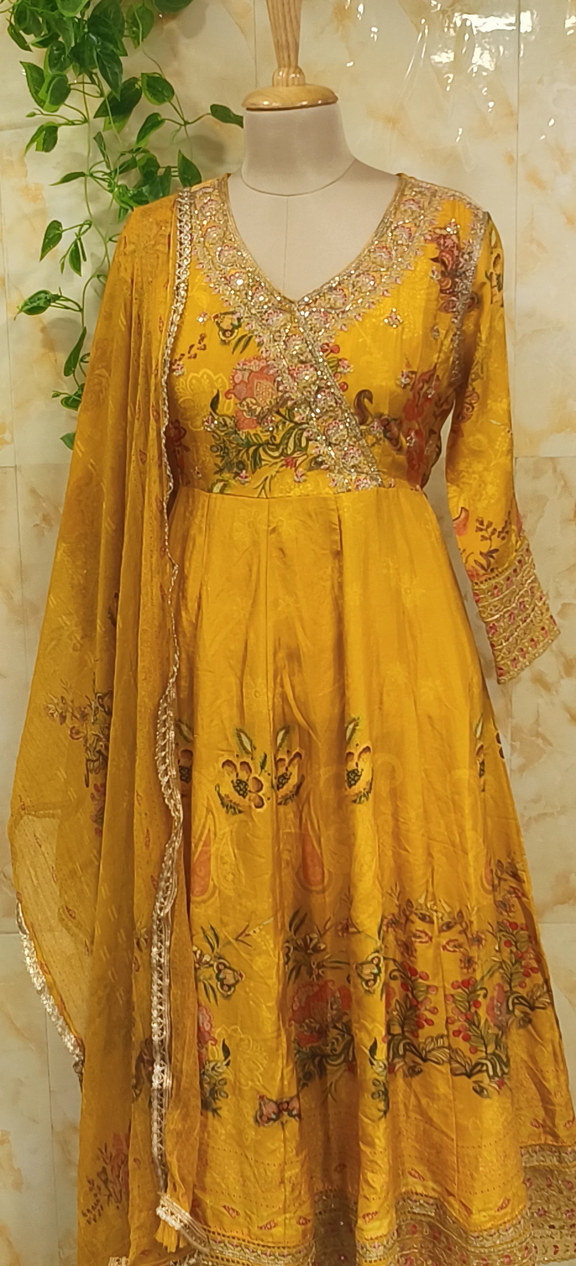 Bordered Angrakha Floral Printed Silk Anarkali Suit With Dupatta (No Bottom)