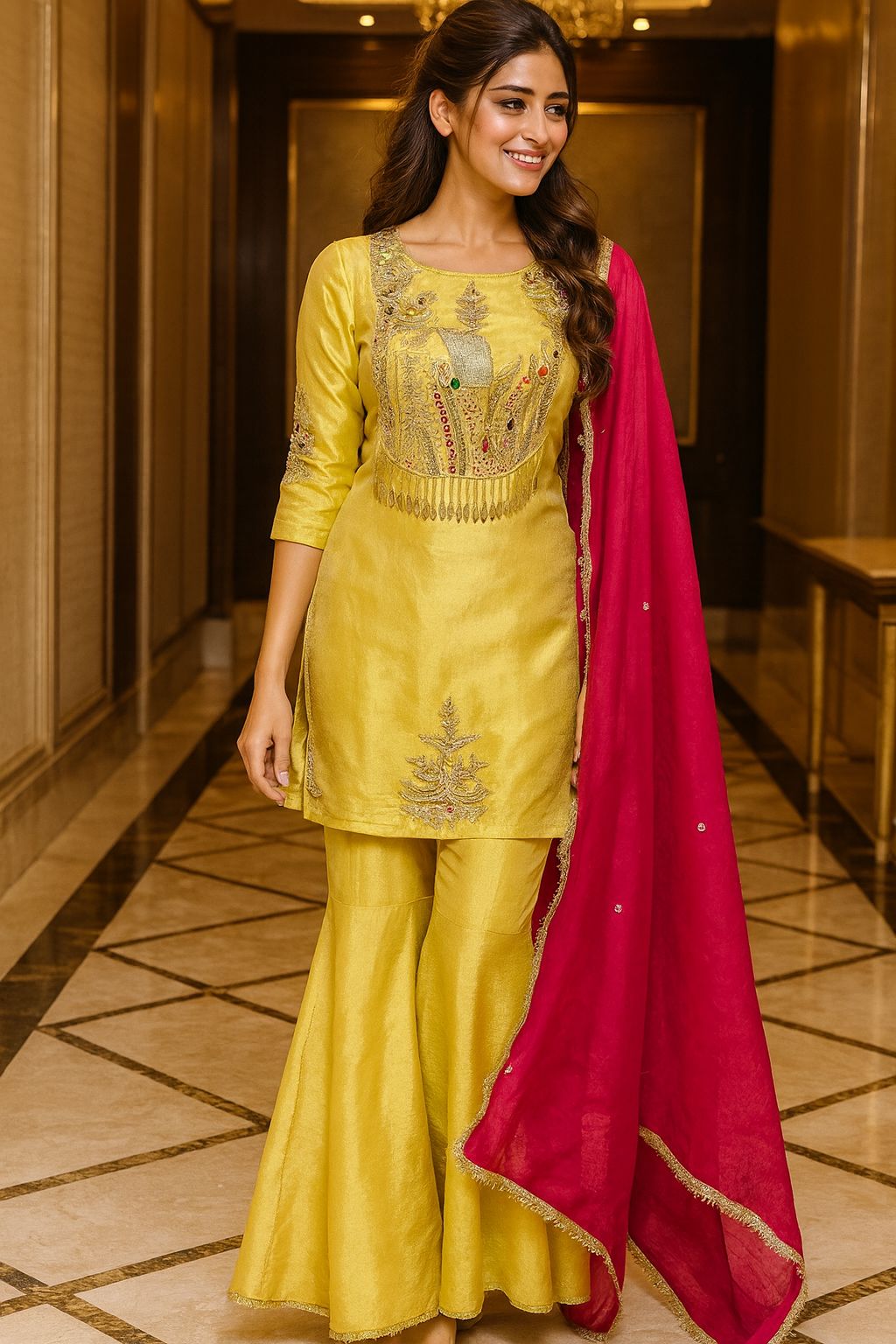 Bead & Stone Embellishments Leafy Tasseled Sunshine Charm Full Suit Set With Dupatta & Tapered Palazzo In Shimmer Tissue Fabric-11434,11435