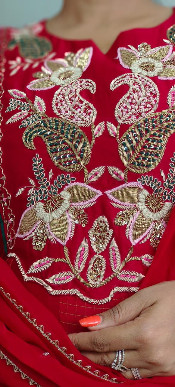 Elegant Designer Long Kurti in Premium Chanderi Fabric with Intricate Floral Embroidery A-Line Full Suit Set With Dupatta- 11439, 11440,