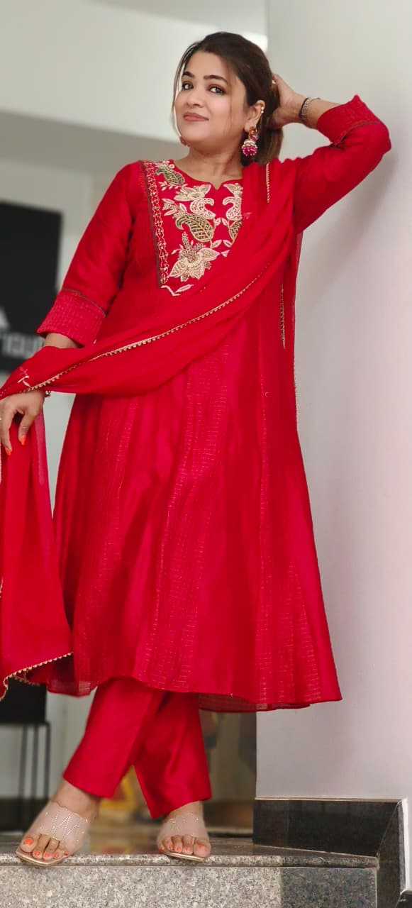 Elegant Designer Long Kurti in Premium Chanderi Fabric with Intricate Floral Embroidery A-Line Full Suit Set With Dupatta- 11439, 11440,
