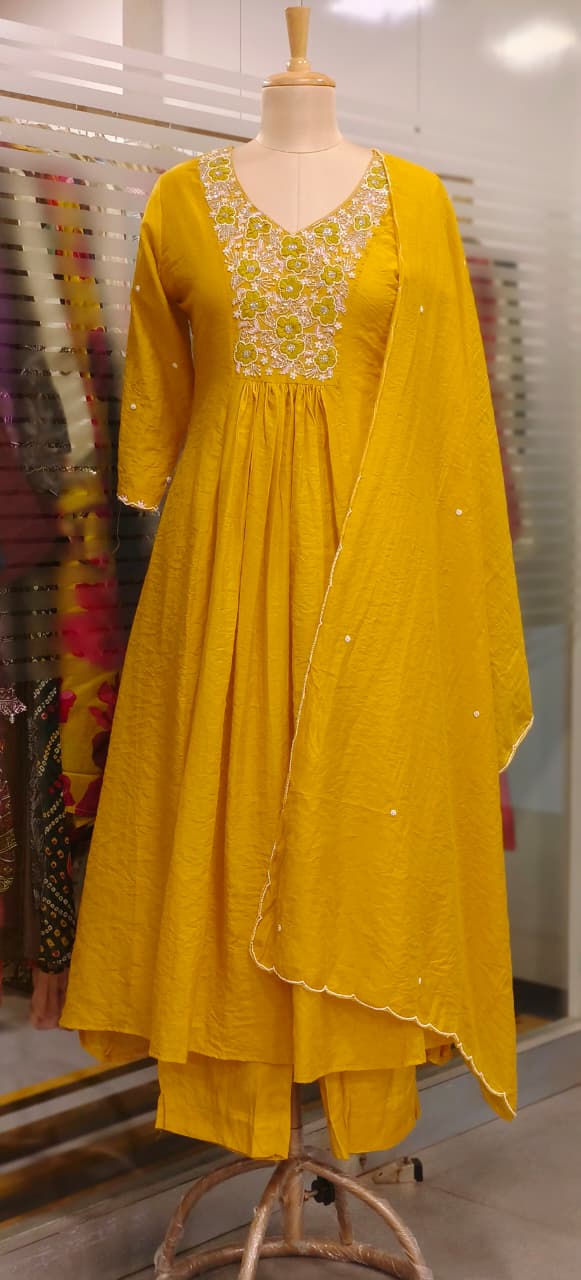 Sunshine Glow Floral Thread Embroidered Surat Mul Chanderi A-Line Full Suit Set With Dupatta