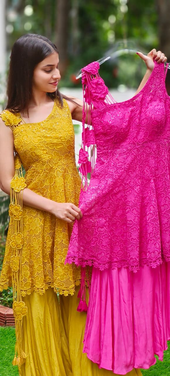 Lace Delight Ensemble Fully Embroidered Cutwork A-Line Short Kurta With Sharara Bottom (DISPATCHING AFTER 25 DAYS ON ORDERS EXCEPT FOR 38 SIZE)
