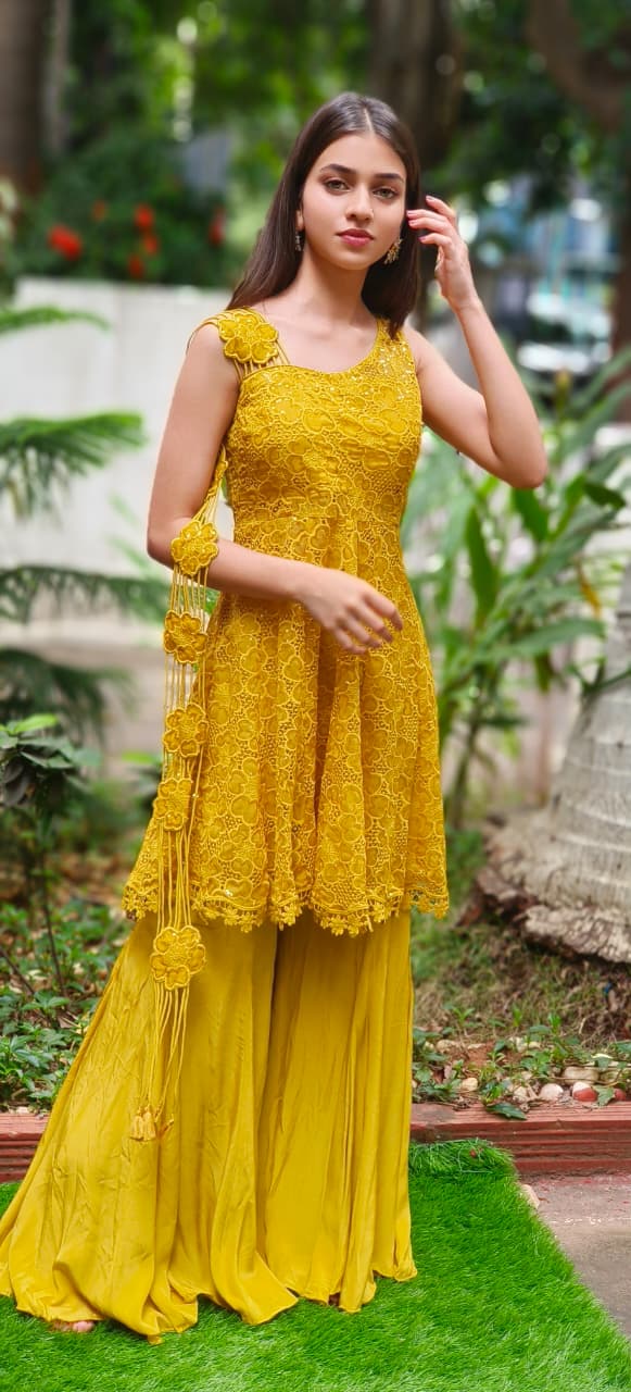 Lace Delight Ensemble Fully Embroidered Cutwork A-Line Short Kurta With Sharara Bottom (DISPATCHING AFTER 25 DAYS ON ORDERS EXCEPT FOR 38 SIZE)