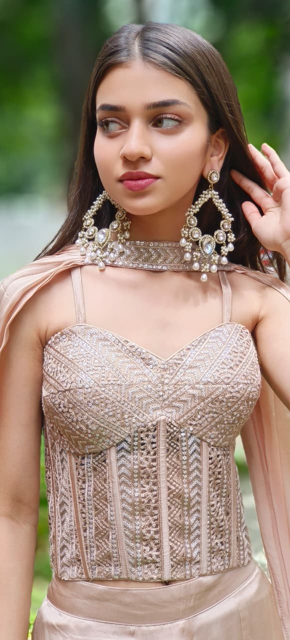 Ivory Gleam Nude Corset Sleeveless Top With Panel Loose Palazzo Bottom & Stylish Dupatta (DISPATCHING AFTER 25 DAYS ON ORDERS EXCEPT FOR 38 SIZE)
