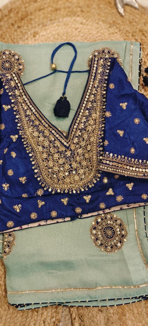 Heavy Handwork Bright Tone Blouse Piping Border Contrast Designer Saree In Silk Brocade Fabric