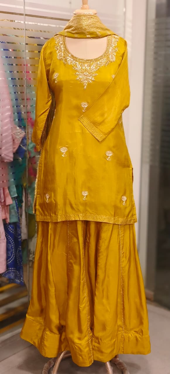 Zardosi U Neck Handwork Full Suit Set With Dupatta & Golden Laced Skirt Bottom In Silk Fabric- 11528, 11527