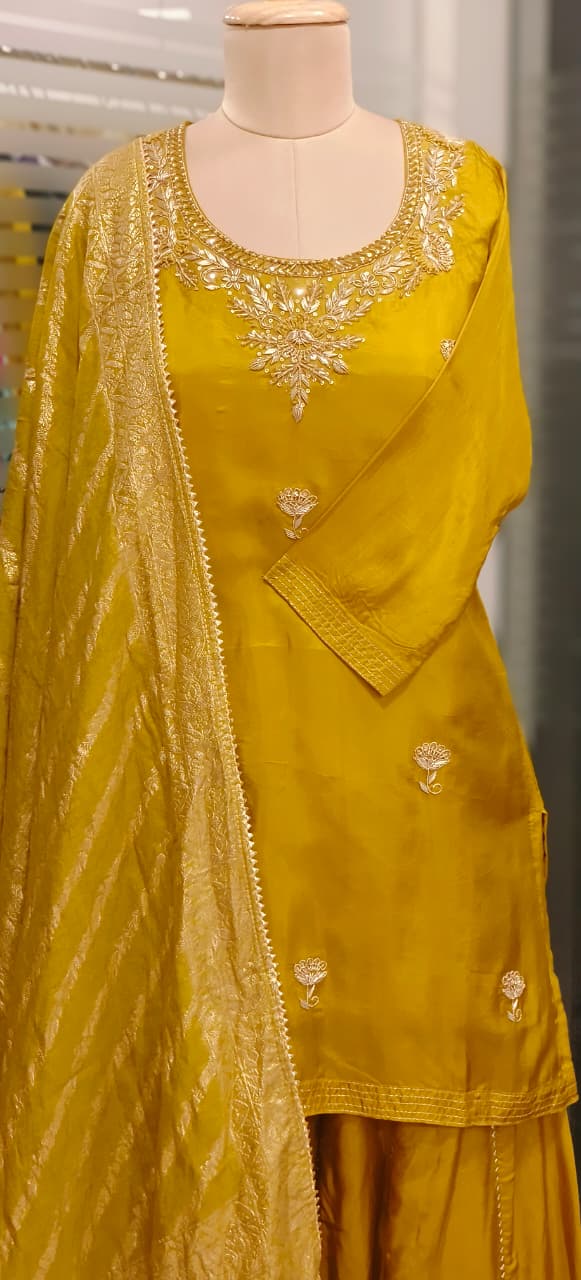 Zardosi U Neck Handwork Full Suit Set With Dupatta & Golden Laced Skirt Bottom In Silk Fabric- 11528, 11527