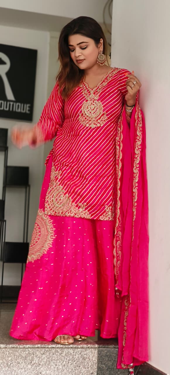 Zari Embroidered Leheriya Full Suit Set With Bordered Dupatta & Beautifully Worked Flared Panel Palazzo Bottom In HO Silk Fabric- 11459