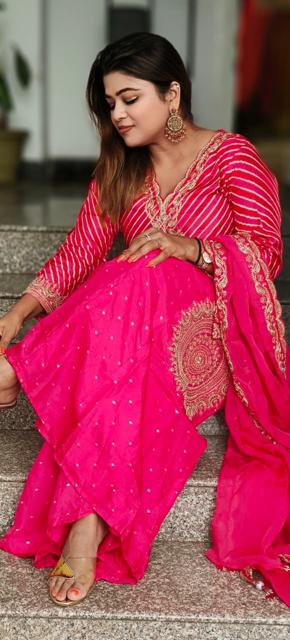 Zari Embroidered Leheriya Full Suit Set With Bordered Dupatta & Beautifully Worked Flared Panel Palazzo Bottom In HO Silk Fabric- 11459