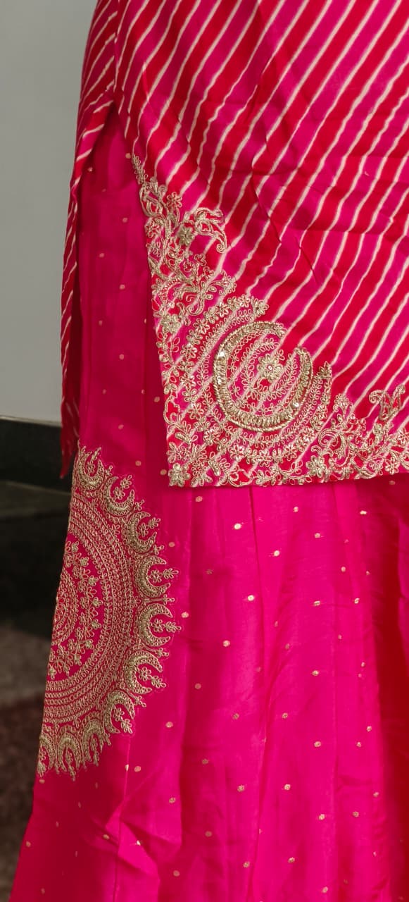 Zari Embroidered Leheriya Full Suit Set With Bordered Dupatta & Beautifully Worked Flared Panel Palazzo Bottom In HO Silk Fabric- 11459