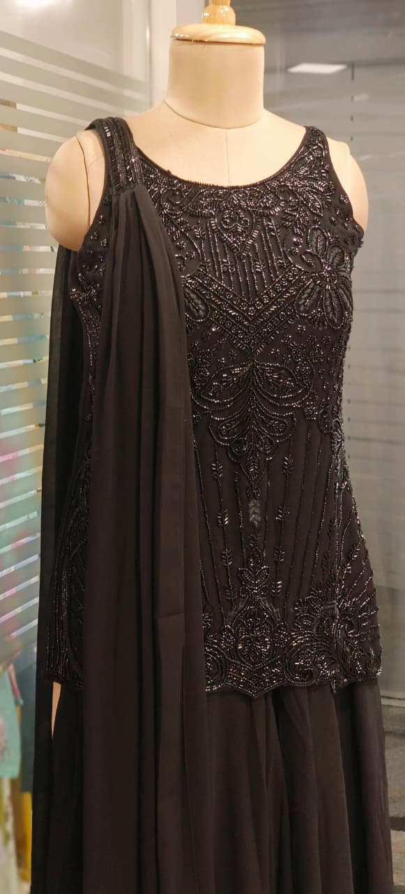 Complete Cut Dana Handwork Sleeveless Short Kurta With Inner, Chowker Dupatta & Very Flared Palazzo Bottom In Premium Georgette Fabric- 11589, 11590, 11591