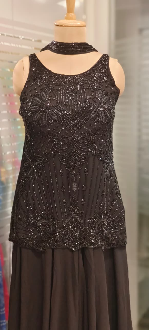Complete Cut Dana Handwork Sleeveless Short Kurta With Inner, Chowker Dupatta & Very Flared Palazzo Bottom In Premium Georgette Fabric- 11589, 11590, 11591