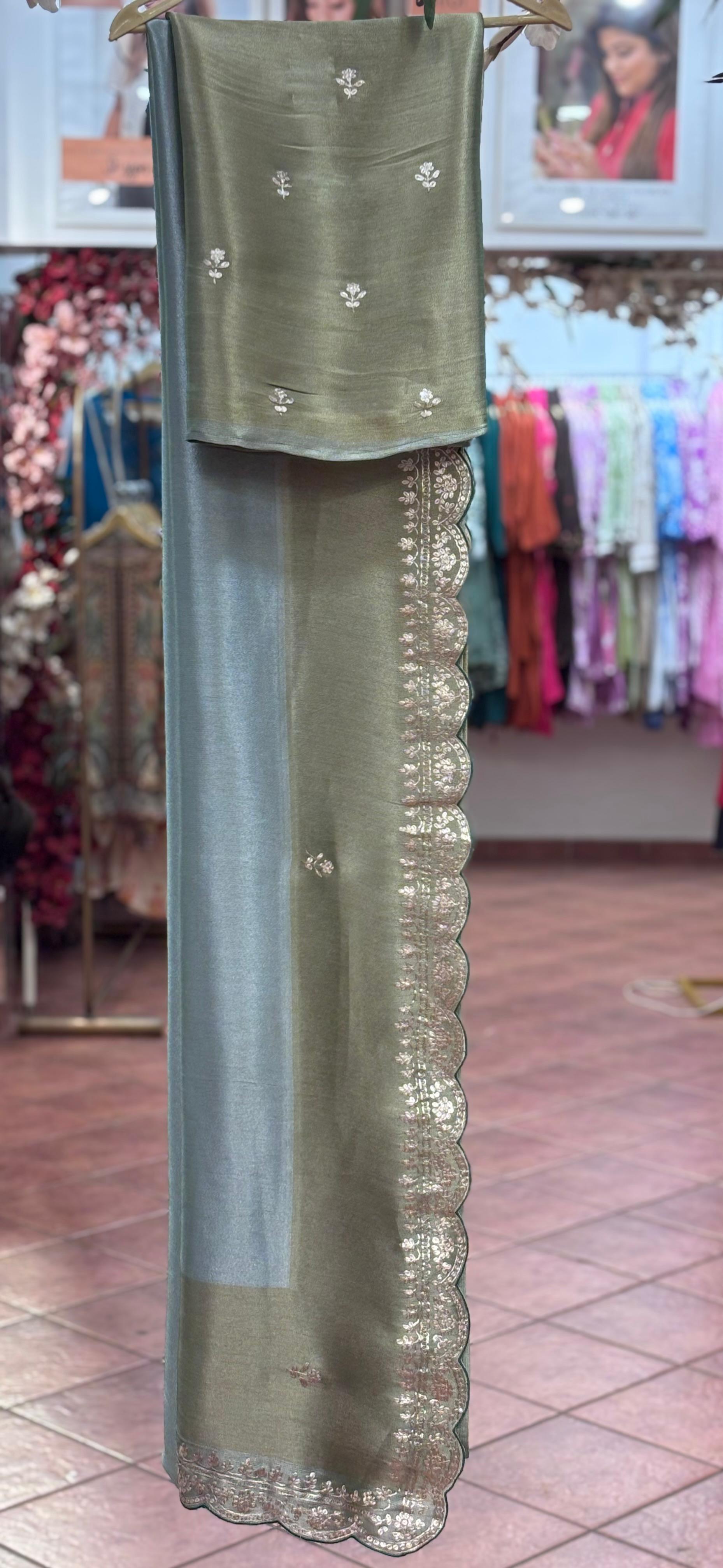 Very Elegant Soft Look Dual Tone Tissue Designer Saree With Unstitched Blouse