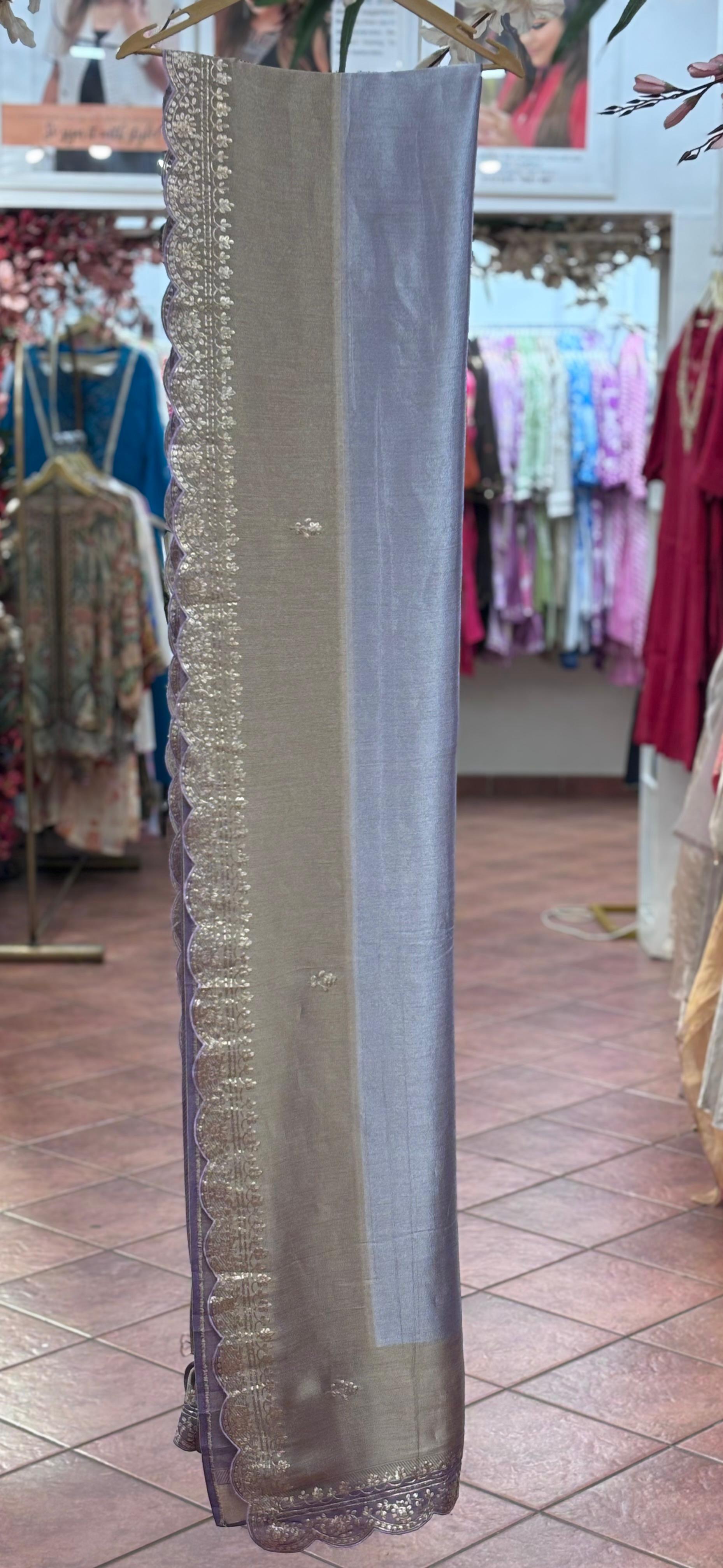 Very Elegant Soft Look Dual Tone Tissue Designer Saree With Unstitched Blouse