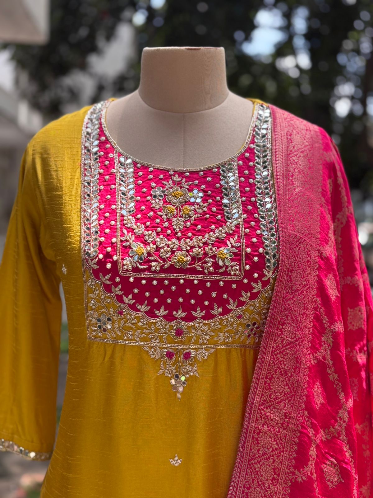 Very Vibrant Handwork Look Beautiful Yoke Dola Silk Full Suit Set With Brocade Dupatta