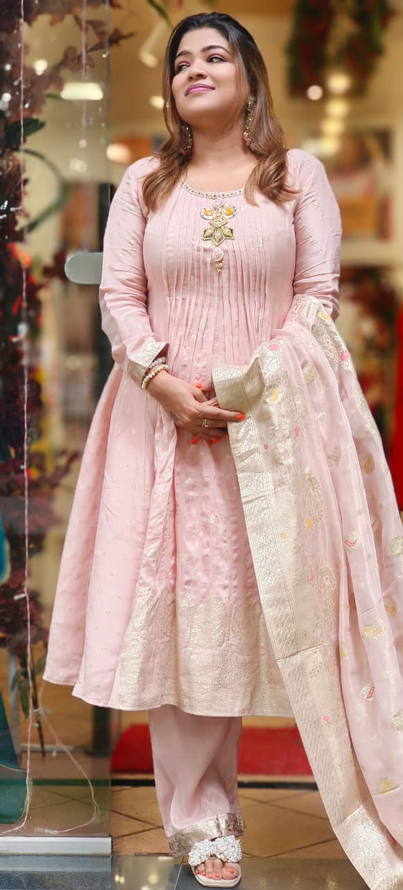 Very Unique Neck Piece Look Panel Anarkali Full Suit Set With Dupatta With Banarasi Touch In Tissue Fabric- 11540, 11541, 11452