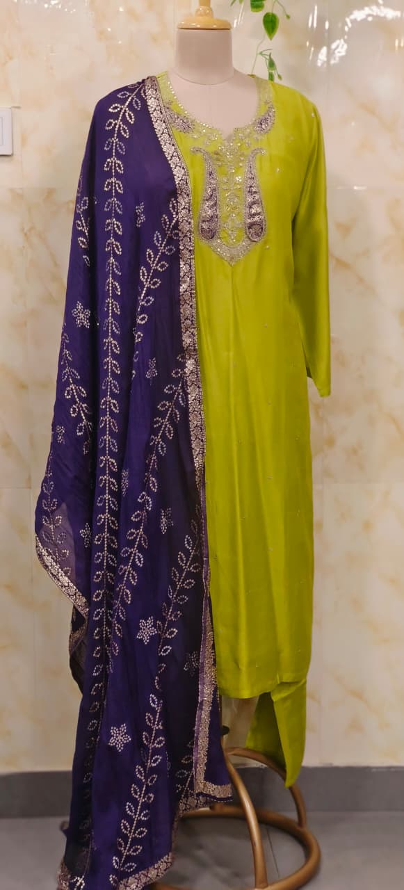 Zardosi Fronk Neck Line Solid Straight Full Suit Set With Printed Dupatta In Dola Silk Fabric- 11668