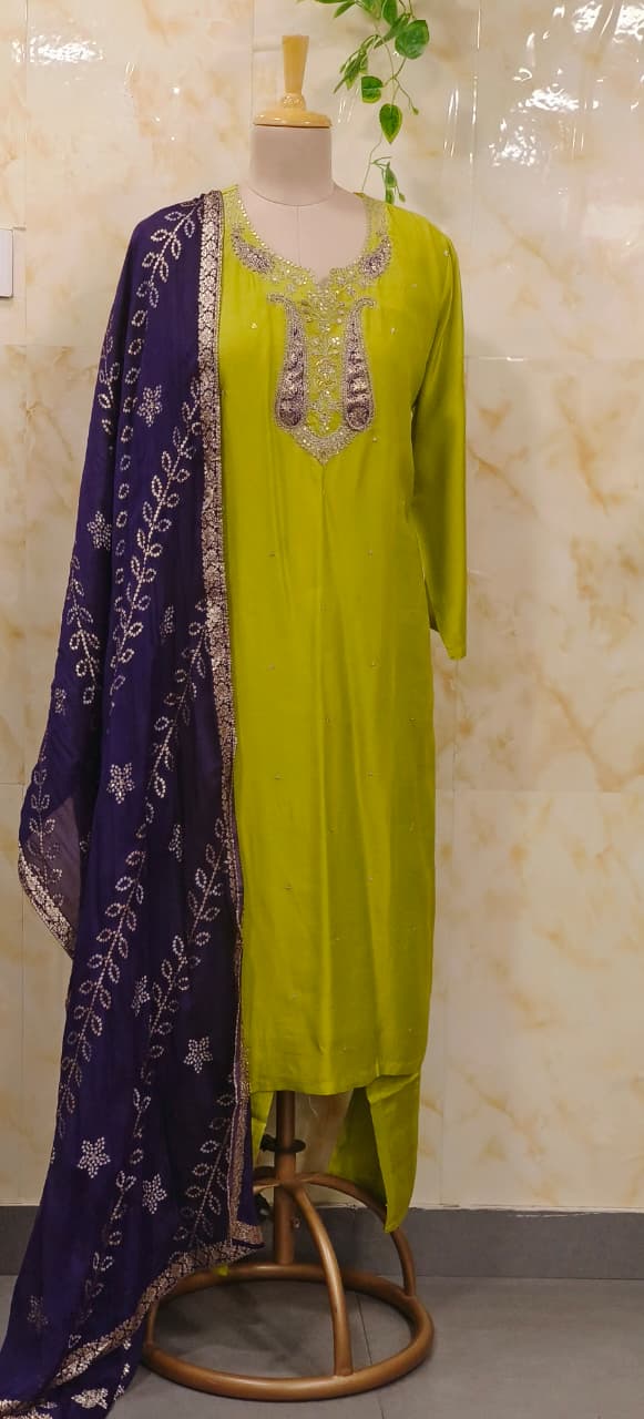 Zardosi Fronk Neck Line Solid Straight Full Suit Set With Printed Dupatta In Dola Silk Fabric- 11668