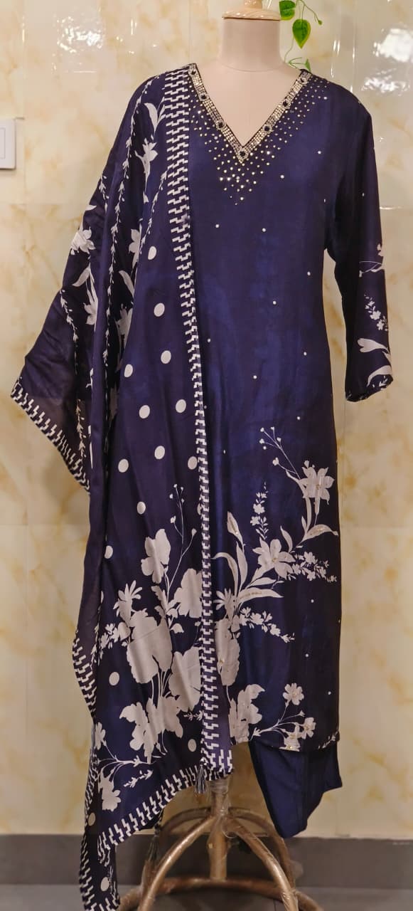 Dotted Tiny Foil Minimal Floral Printed Full Suit Set With Dupatta In Dola Silk Fabric- 11667