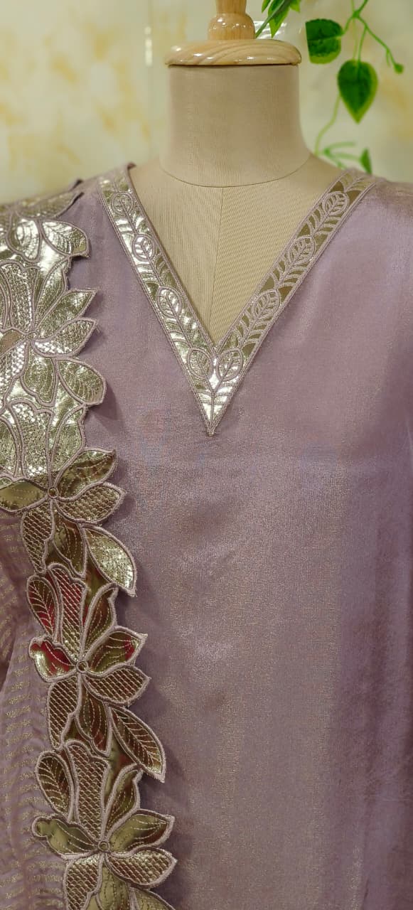 Graceful Leather Flower Work Shimmery Full Suit Set With Cut Work Dupatta In Tissue Fabric- 11666