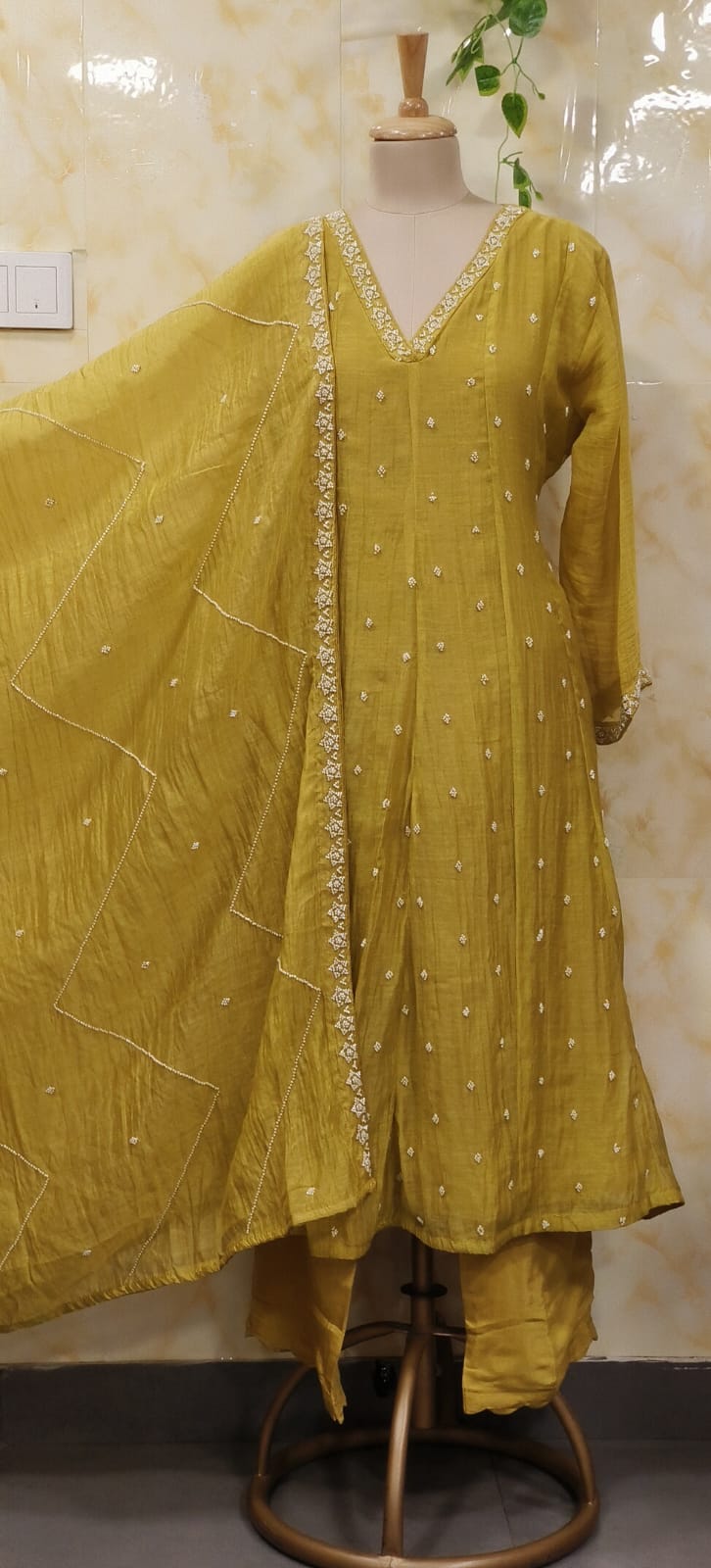 Complete Cut Dana Pearl Work Sober A-Line Panel Anarkali Full Suit Set In Mul Chanderi Fabric- 11672