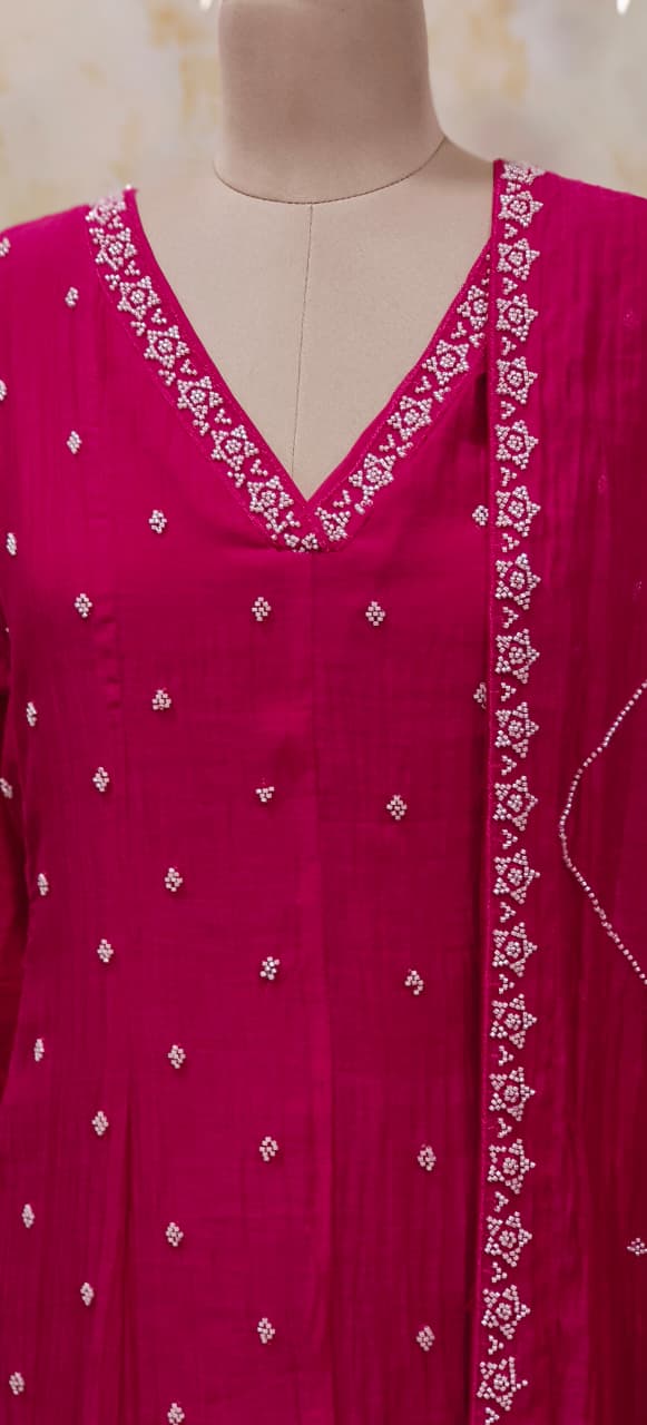 Complete Cut Dana Pearl Work Sober A-Line Panel Anarkali Full Suit Set In Mul Chanderi Fabric- 11672