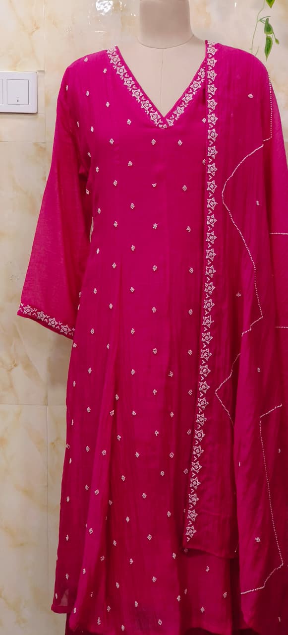 Complete Cut Dana Pearl Work Sober A-Line Panel Anarkali Full Suit Set In Mul Chanderi Fabric- 11672