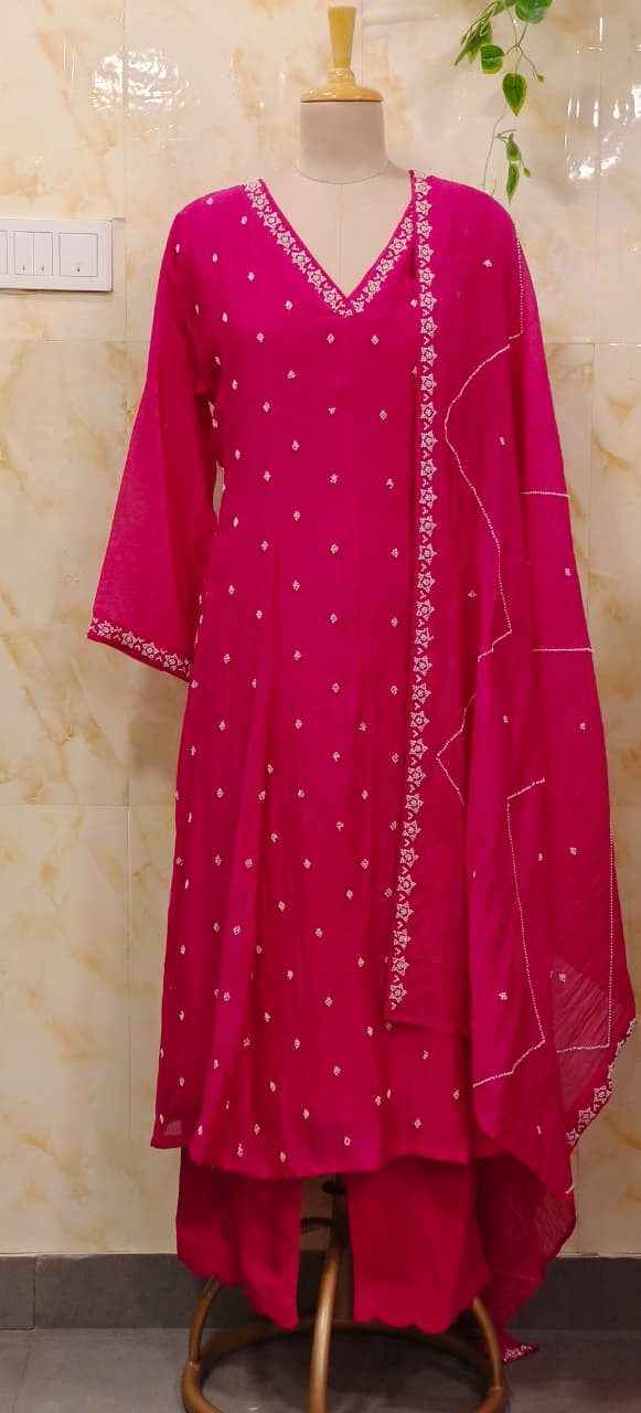 Complete Cut Dana Pearl Work Sober A-Line Panel Anarkali Full Suit Set In Mul Chanderi Fabric- 11672