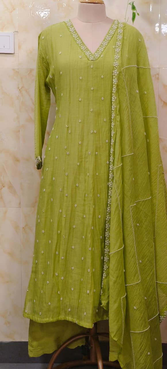 Complete Cut Dana Pearl Work Sober A-Line Panel Anarkali Full Suit Set In Mul Chanderi Fabric- 11672