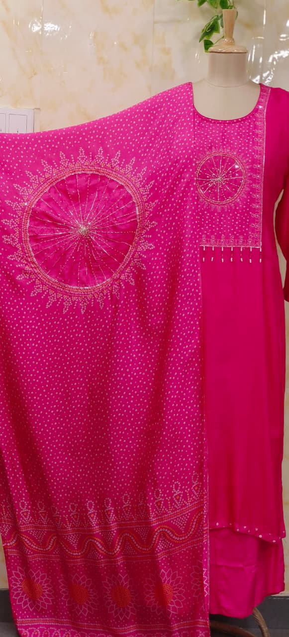 Round Shaped Bandhej Dotted Work Tasseled Full Suit Set With Dupatta In Russian Silk Fabric- 11186