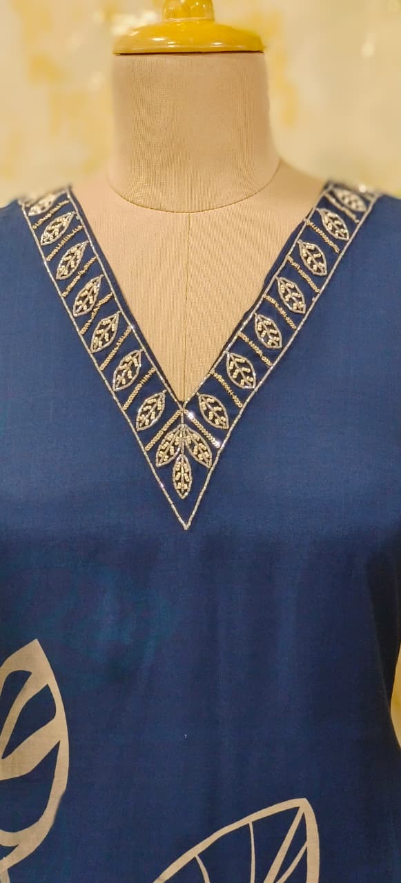Gaint Leafy Print V-Neck Beads Worked Kurta Pant Set In Muslin Fabric- 11632, 11633, 11634, 11635